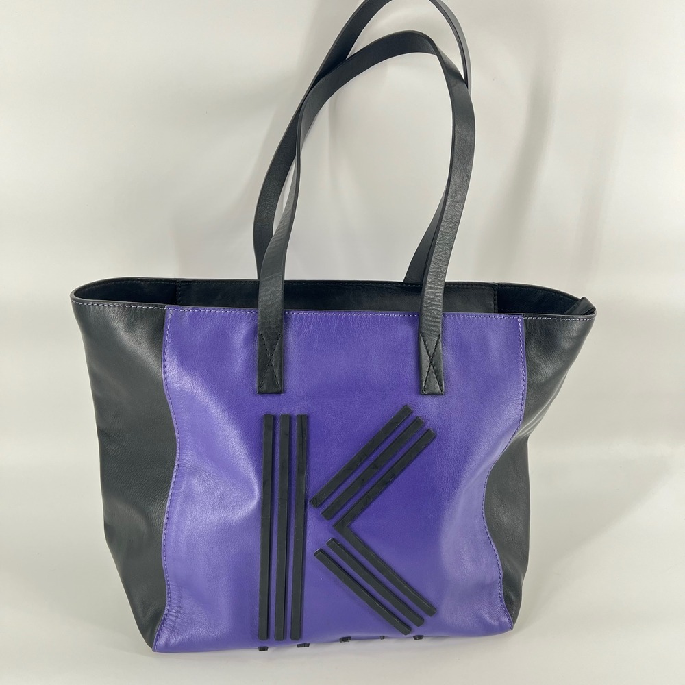 Kenzo Black and Purple Leather Logo Tote Bag